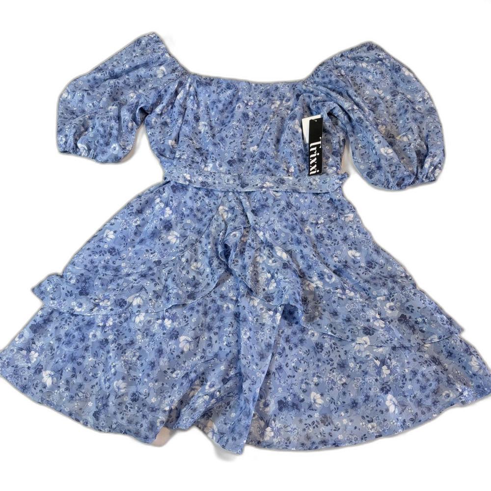 Trixxi Blue Floral Mini Dress Puff Sleeves Tiered Ruffle Hem Zipper Size XXL NWT